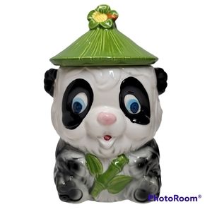 Vintage Panda Holding Bamboo Cookie Jar